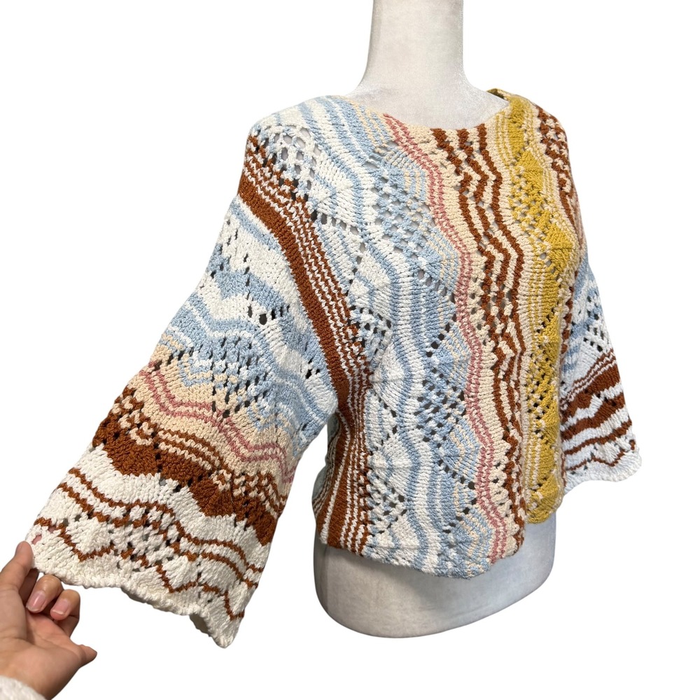Womens XS Sweater Crochet Chevron Bell Sleeve Multicolor Boho Festival Grannycor